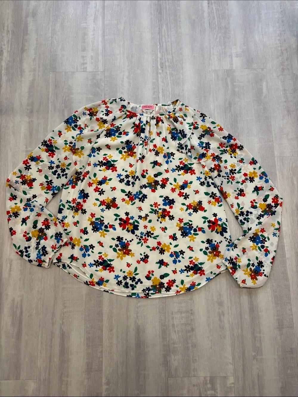 kate spade Blouse Cream Blue Red Floral Long-Sleeves with elastic size small